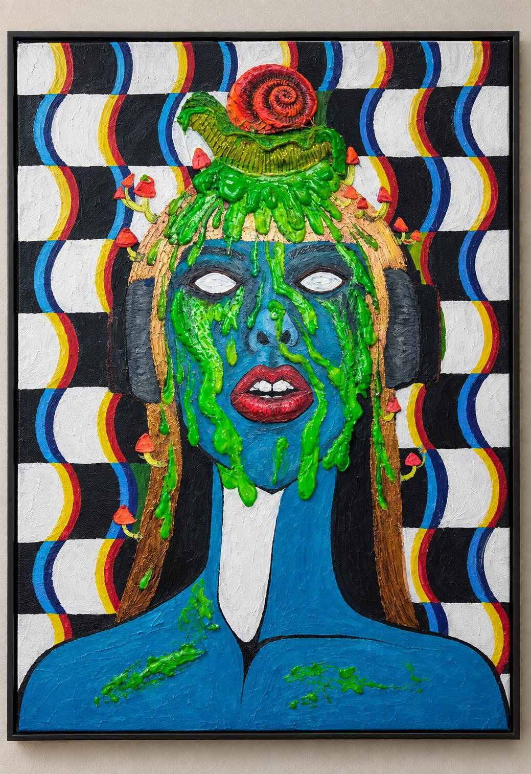 Retrato azul con corona de slime, auriculares y hongos, MikyArt